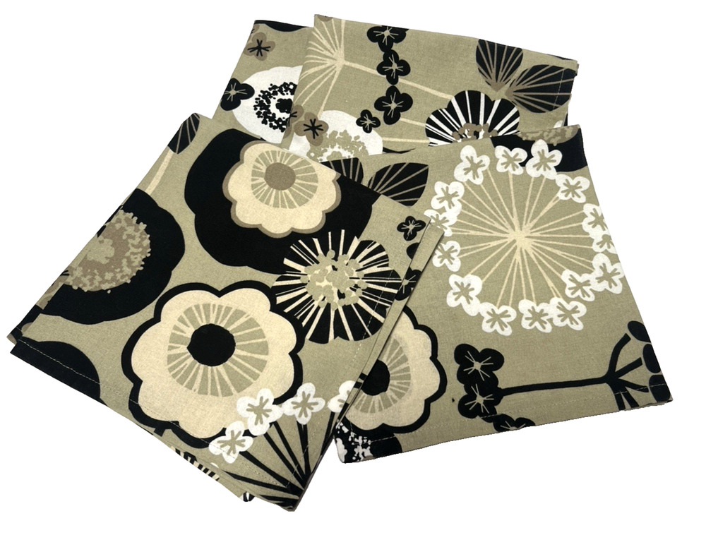SET of 4 NOW DESIGNS Cotton Black Green White Large Flower Linen Napkins NWOT